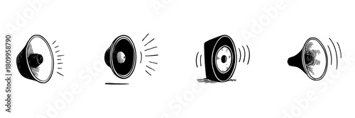 Loudspeaker And Sound Waves Doodle Sketch Set. Audio Output And Sound Amplification In Hand Drawn Style Collection. Communication And Broadcasting Elements. Isolated Vector Illustration