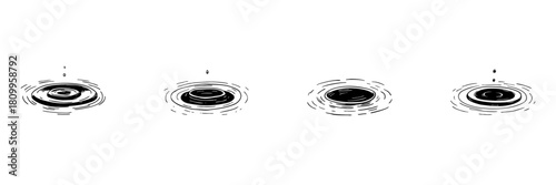 Water Ripples And Droplets Doodle Sketch Set. Fluid Dynamics And Tranquility In Hand Drawn Style Collection. Nature And Calmness Representation. Isolated Vector Illustration