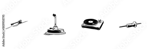 Turntable And Vinyl Record Player Components Doodle Sketch Set. Vintage Music Playback And Audio Equipment In Hand Drawn Style Collection. Retro Sound Technology. Isolated Vector Illustration