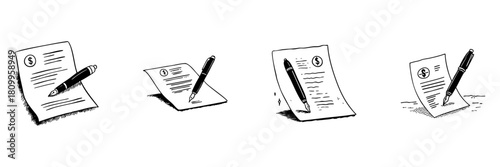 Financial Document With Pen Doodle Sketch Set. Contract Signing, Agreement, And Business Transaction In Hand Drawn Style Collection. Legal And Financial Illustration. Isolated Vector Illustration