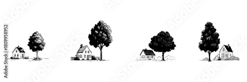 Charming Country Houses With Trees Doodle Sketch Set. Rural Living And Tranquil Homestead In Hand Drawn Style Collection. Cozy Countryside Homes And Nature. Isolated Vector Illustration