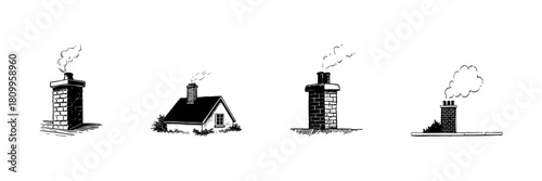 Chimney And Smoke Doodle Sketch Set. Cozy Home Heating And Traditional Architecture In Hand Drawn Style Collection. Rustic Charm And Warmth. Hand Drawn Isolated Vector Illustration