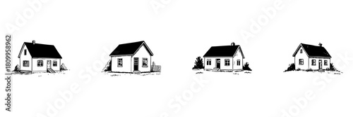 Four Cozy Cottage Doodle Sketch Set. Rustic Home Architecture And Countryside Living In Hand Drawn Style Collection. Charming Rural Houses With Simple Design. Isolated Vector Illustration