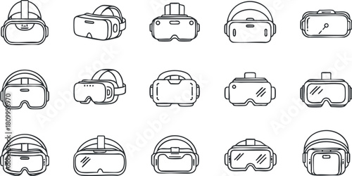 Line art vector icon set featuring various virtual reality headsets, perfect for technology and gaming applications