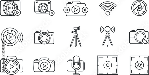 Modern outline vector icon set featuring photography and video equipment for digital media projects
