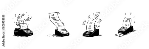 Receipt Printer Doodle Sketch Set. Financial Transactions And Retail Payment Processing In Hand Drawn Style Collection. Business And Commerce Illustration. Isolated Vector Illustration