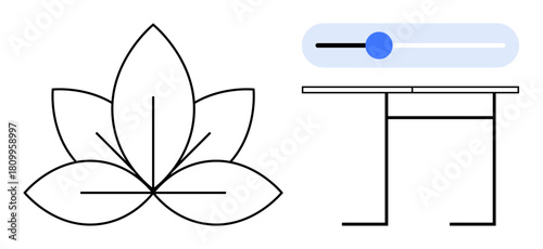 Black outline lotus flower alongside adjustable slider bar and simple table, representing harmony, change, and stability. Ideal for wellness, balance, focus, growth, minimalism organization simple