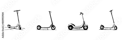 Electric Scooters Doodle Sketch Set. Urban Mobility And Eco-Friendly Transportation In Hand Drawn Style Collection. Sustainable Travel Options. Hand Drawn Isolated Vector Illustration