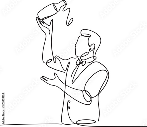 Continuous Line Art Illustration of Bartender Juggling Cocktail Shaker Energetic Performance Minimal Handcrafted Style