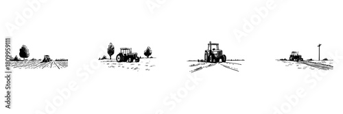 Tractor In Field Doodle Sketch Set. Agricultural Machinery And Farming Landscape In Hand Drawn Style Collection. Rural Scene With Trees And Plowed Land. Isolated Vector Illustration