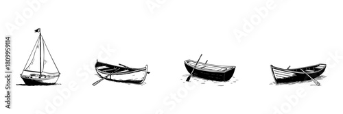 Sailboat And Rowboats Doodle Sketch Set. Nautical Exploration And Maritime Adventure In Hand Drawn Style Collection. Vintage Marine Transportation. Hand Drawn Isolated Vector Illustration