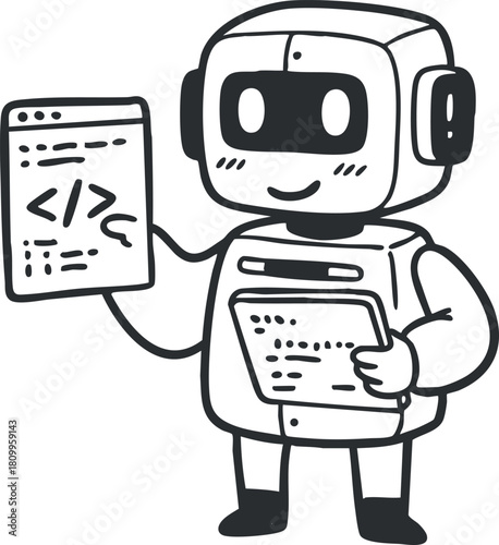 Cartoon-style vector illustration of a friendly robot character holding a tablet and displaying coding elements, ideal for tech-related designs and educational materials