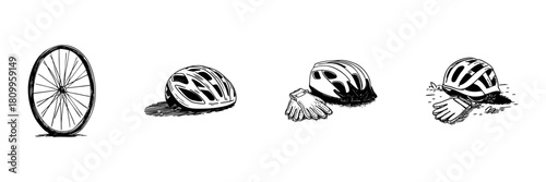 Bicycle Gear Doodle Sketch Set. Cycling Safety Equipment Including Helmet, Gloves, And Wheel In Hand Drawn Style Collection. Outdoor Sports And Adventure Essentials. Isolated Vector Illustration