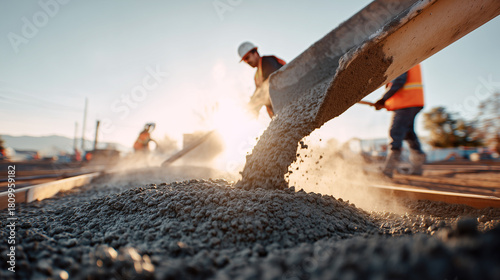 Workers pouring fresh concrete from shovel at construction site with sunlight. Cement mixture flowing onto foundation with motion. Building infrastructure development project, professional teamwork.