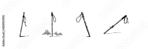 Trekking Poles Doodle Sketch Set. Hiking And Outdoor Adventure Equipment In Hand Drawn Style Collection. Walking Stick Illustrations For Nature Exploration. Isolated Vector Illustration