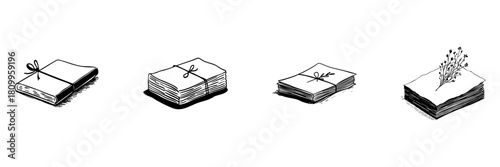 Stacked Paper With Plant Growth Doodle Sketch Set. Environmental Sustainability And Eco-Friendly Practices In Hand Drawn Style Collection. Nature And Conservation. Isolated Vector Illustration