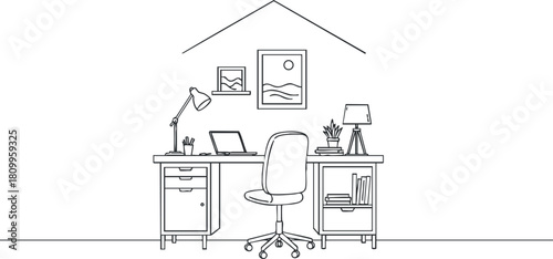 Minimalist line art illustration of a modern home office workspace featuring a desk, chair, lamp, and bookshelf