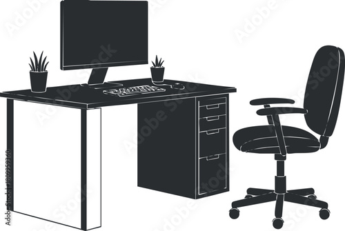 Minimalist black and white vector illustration of a modern office desk setup featuring a computer, chair, and plants for workspace design