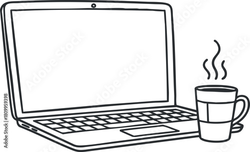 Minimalist line art illustration of a laptop and a steaming coffee cup, ideal for workspace and productivity concepts