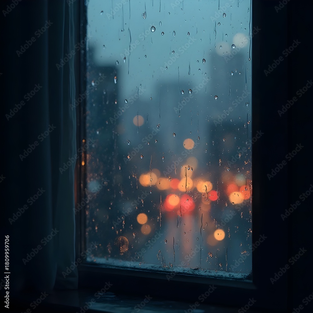 Naklejka premium Rainy window view of city lights at night with blurred cityscape and water droplets on the glass pane