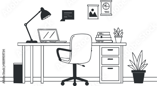 Minimalist black and white vector illustration of a modern home office workspace featuring a desk, laptop, and decorative elements