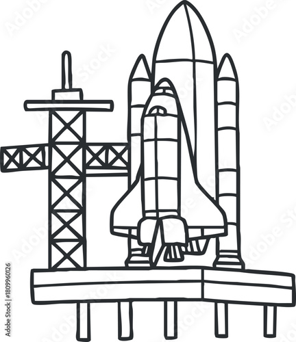 Line art vector illustration of a rocket launch scene featuring a spacecraft on a launchpad for educational and design projects
