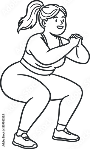 Outline vector illustration of a woman performing a squat exercise, ideal for fitness and health-related projects