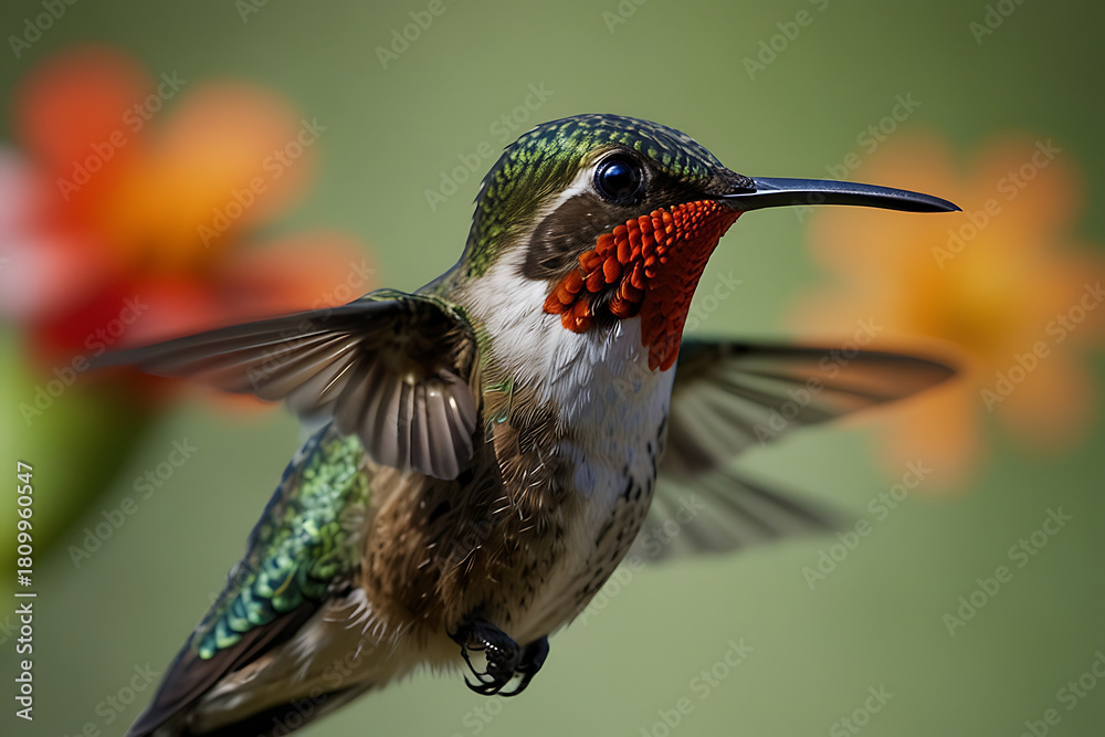 Fototapeta premium Ruby throated hummingbird hovering with wings spread