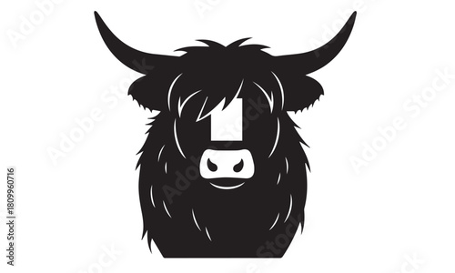 Black and white cow with horns standing in a simple bold illustration