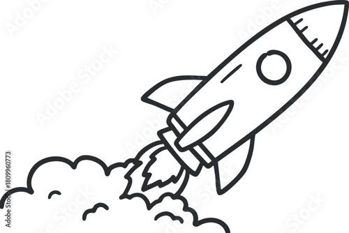 Outline vector illustration of a rocket launching with smoke, ideal for technology and innovation projects