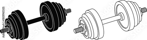 A black and white illustration showing a barbell and dumbbell set