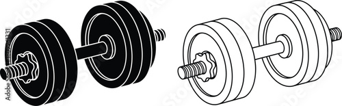 Black and white illustration of a barbell with circular weight plates