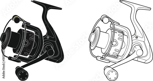 Two detailed illustrations of spinning fishing reels in contrasting styles