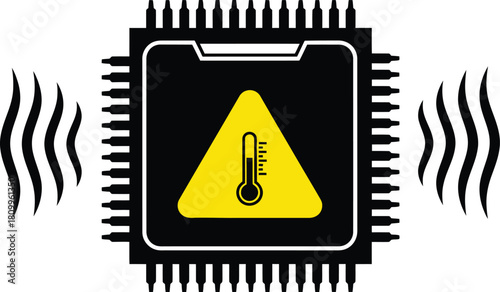 Warning sign integrated circuit overheating alert symbol within a black chip