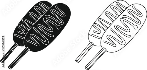 Two hot dogs with detailed fillings shown in a black and white style