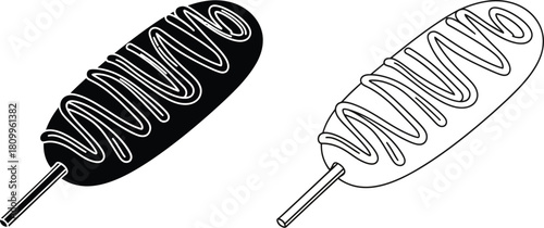 Two contrasting corn dog illustrations black filled and white outline versions