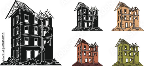 Illustrations of damaged dilapidated buildings in various color schemes and styles