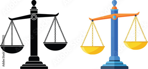 A comparison of balance scales one black and white one in color