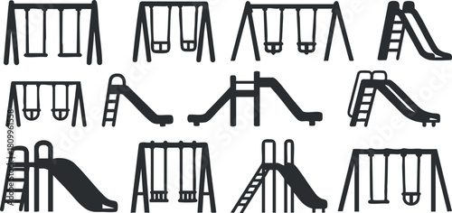Set of minimalist black and white vector illustrations featuring playground equipment including swings and slides, ideal for children’s projects