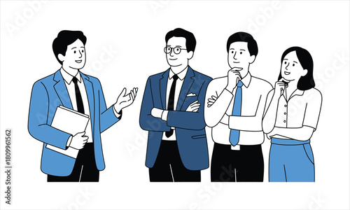 Business professional presents to attentive team of diverse colleagues in blue blazers and ties