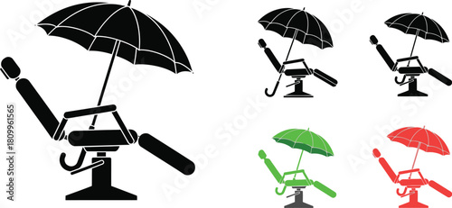 Stylized illustrations of barber chairs combined with open umbrellas in varying colors