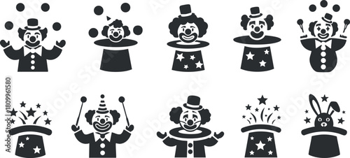 Playful black and white vector illustration set of clown characters performing various circus acts, ideal for entertainment-themed designs.