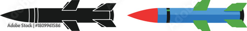 Two missile depictions a black silhouette and a colorful 3d rendering