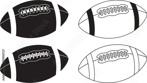 Black and white illustration of four american footballs in varying designs