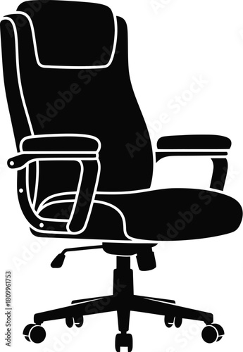 Black silhouette of a modern office chair with a high backrest and wheels