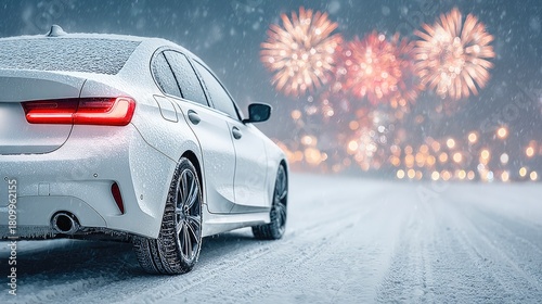 White Car on Winter Road with Fireworks in the Snowy Night Sky