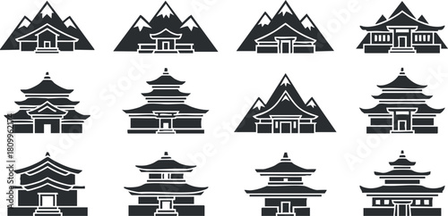 Silhouette vector icon set showcasing various traditional Asian temples and pagodas among mountain landscapes for cultural design projects