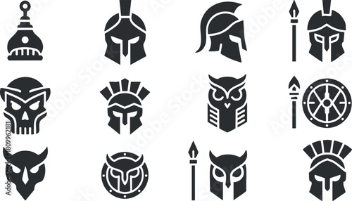 Collection of minimalist vector icons featuring Spartan helmets, owls, and warrior symbols for design and branding projects