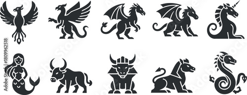 Collection of black silhouette vector icons featuring mythical creatures like dragons, unicorns, mermaids, and more for fantasy-themed designs