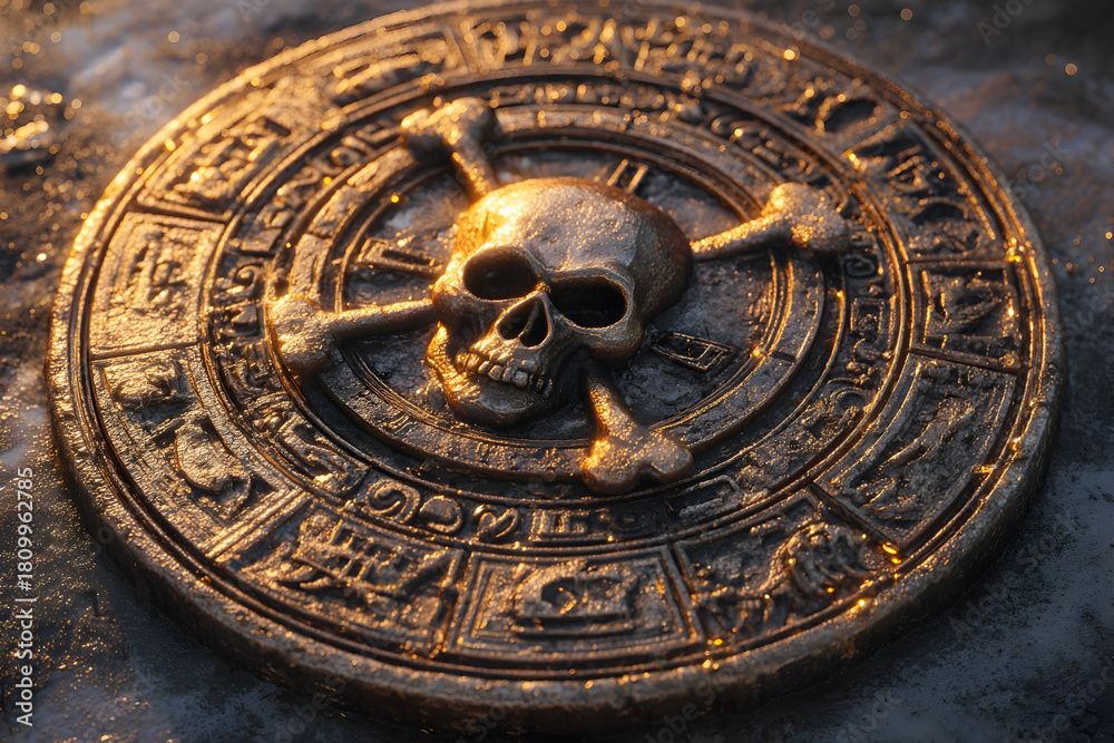 Fototapeta premium Ancient cursed pirate medallion with glowing bronze skull for mystical treasure hunts